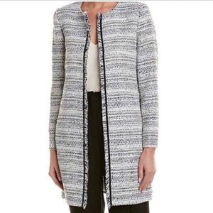 Tahari ASL Bouclé Tweed Jacket Sz 6 White Black Pearl Trim Fringe Open Front